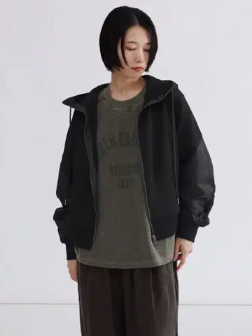 LASUD 개더 슬리브 집업 후드티 블랙