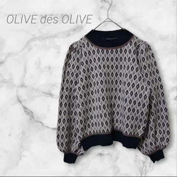 올리브데올리브 니트 F 스웨터 소매가 봉긋한 다이아 무늬 그린 계열