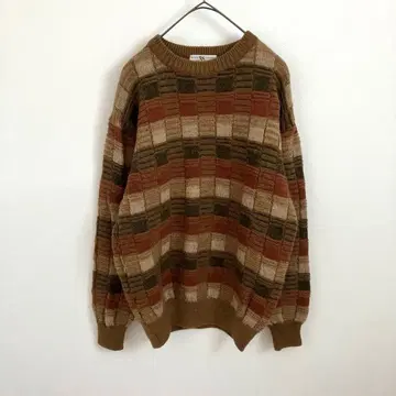 구제 니트 스웨터 멀티 컬러 입체 편직 원단 패턴 자수 브라운