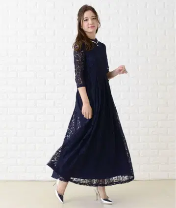 네이비 레이스 롱 원피스 7부 소매