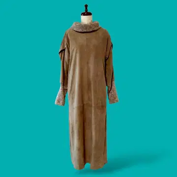 다른 소재 믹스 어른의 고급 가죽 x 니트 원피스 롱 빈티지