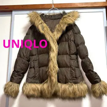 UNIQLO 퍼 다운 코트 브라운 후드 부착