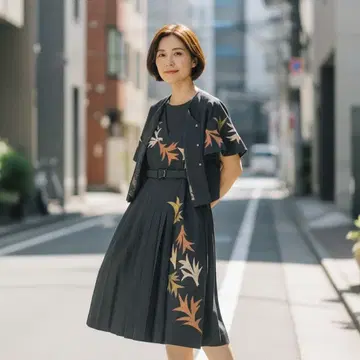 블랙 잎 자수 볼레로 셋업 슬리브리스 드레스 벨트 포함 빈티지 M