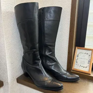 새상품급  롱 부츠 천연 가죽 블랙 24cm 사이드 지퍼