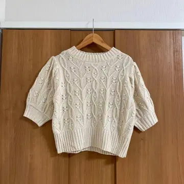 NICE CLAUP 케이블 짜임 반팔 니트 풀오버 스웨터 화이트
