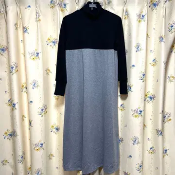 터틀넥 니트 롱 원피스 블랙 그레이 L 사이즈