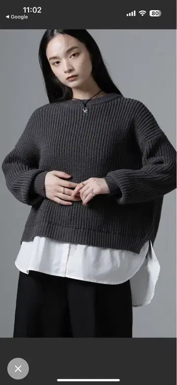 다크 그레이 리브 편직 오버 사이즈 스웨터