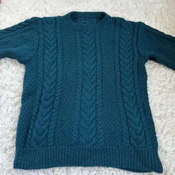 손뜨개질 다크 틸 케이블 니트 스웨터 긴팔 빅 사이즈 울