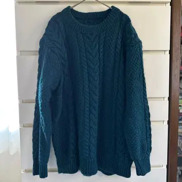 손뜨개질 다크 틸 케이블 니트 스웨터 긴팔 빅 사이즈 울