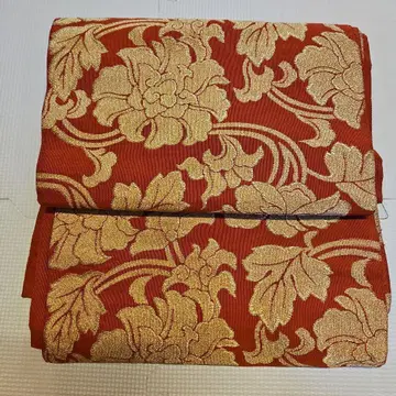 빨간색 바탕 금실 꽃무늬 후쿠로 오비