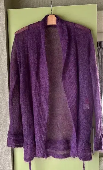 이세이 미야케 핑크 계열 보라색 오픈 프론트 모헤어 가디건