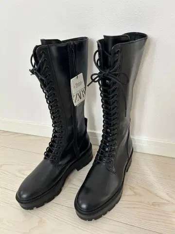ZARA 새상품 택 블랙 레이스업 롱 통굽 부츠 37 자라 24.0