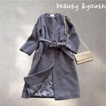 516 유나이티드 애로우즈 [ S ] 블루 벨트 롱 코트 울 혼방