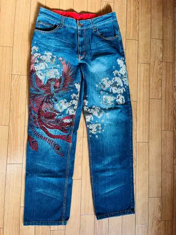 자수 데님 팬츠 류기압삭