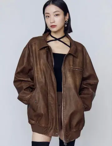 EMODA 빈티지 인조 가죽 블루종