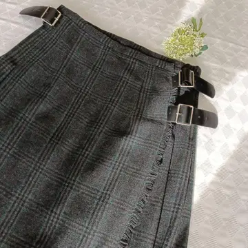 플리츠 롱 랩스커트 두꺼운 소재 M 다크 그레이 계열 체크