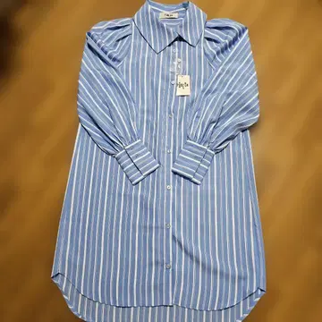 PUBLUX 블루 화이트 스트라이프 퍼프 슬리브 셔츠 (프리)