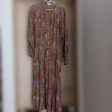 빈티지 멀티 컬러 긴팔 무릎 기장 원피스