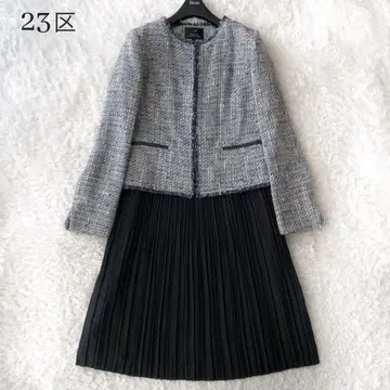 23구 엄마 여성 수트 트위드 노카라 플리츠 라메 블랙 네이비 M