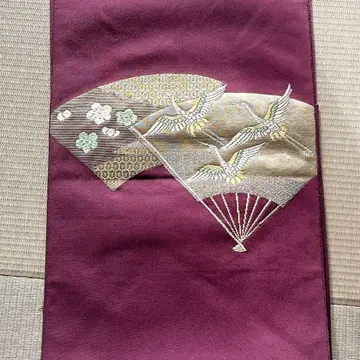 나고야 오비 보라색 계열 학 부채 무늬 오타이코 무늬 고급 심플