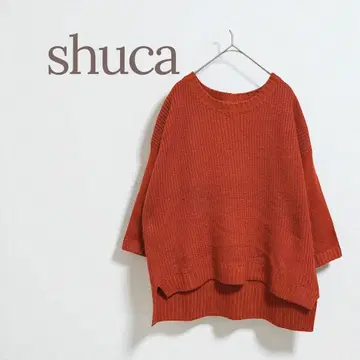 슈카 7부 소매 니트 하이 로우 헤임 빨간색 루즈핏 둥근 카라