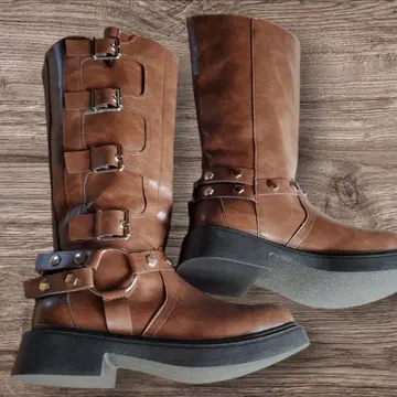 바이커 부츠 벨트 스터드 BROWN 롱 부츠 사이즈 24cm