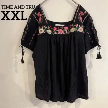 TIME AND TRU [ XXL ] 블랙 자수 장식 상의 튜닉 반팔