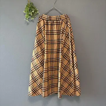 테라웨어 M 성인 내추럴 울 혼방 체크 무늬 롱 플레어 스커트