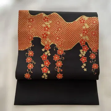 나고야 오비 꽃무늬 블랙 레드 금