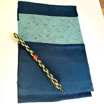 물고기 무늬의 블루 계열 오비 장식 천과 오비 고정 띠 세트