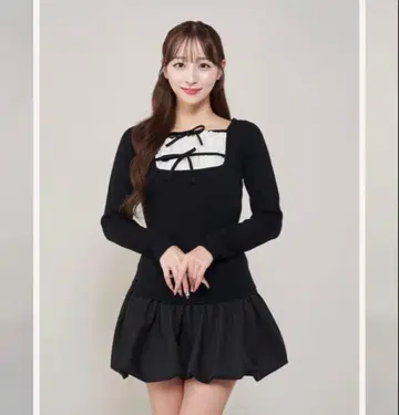 Darich 더블 리본 도킹 벌룬 미니 원피스 블랙