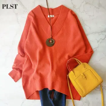플라스테 오렌지 V넥 울 캐시미어 스웨터 사이즈 M