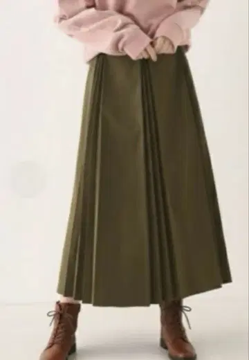 AvanLily 인사이드 플리츠 롱 스커트 올리브 그린 플레어