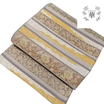 130 화 후쿠로 오비 가로 패턴 당초 양 꽃 금 은 그레이