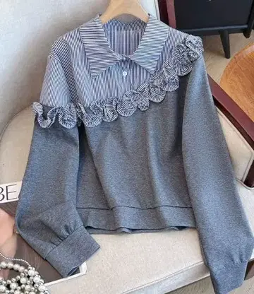 프릴 달린 스트라이프 옷깃 긴팔 상의