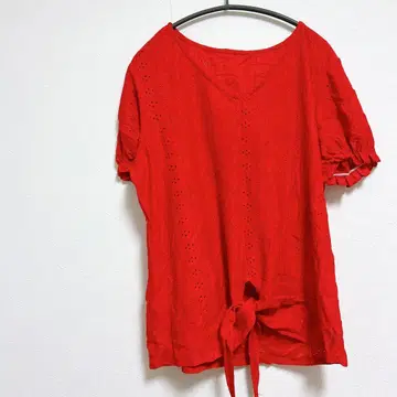 빨간색 시스루 니트 반팔 상의 t셔츠 레드 리본