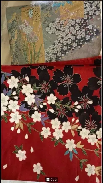 빨간색 벚꽃 패턴 후리소데 오비 2점