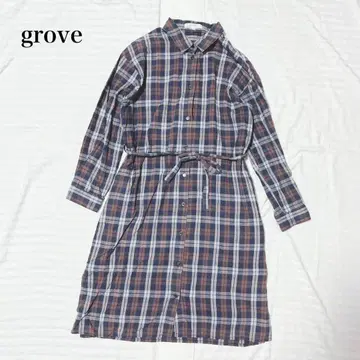 그로브 체크 무늬 셔츠 원피스 캐주얼 허리 리본 코튼 100