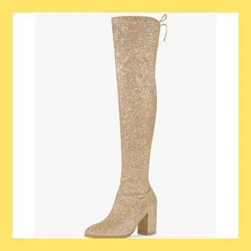 24cm 골드 글리터 라운드토 청키힐 니하이 부츠