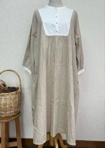 컨디션 최상 사만사 모스모스 인기 가슴 절개 린넨 원피스 베이지 F