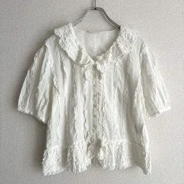 [컨디션 최상] PINK HOUSE 반팔 블라우스 피코 프릴 화이트