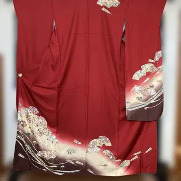 빨간색 부채 무늬 후리소데 새상품급 톨 사이즈 특H