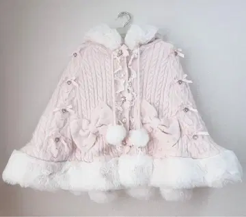 LIZ LISA 리본 니트 후드 부착 핑크 판초