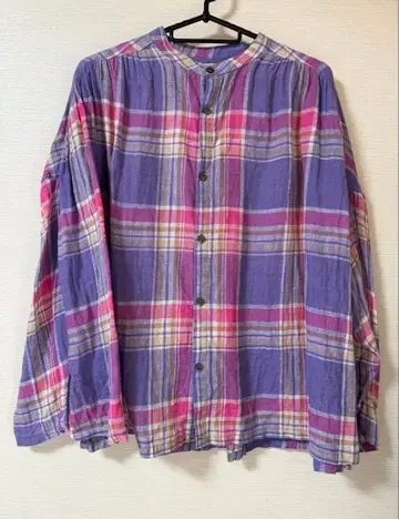 이치 앤티크 린넨 체크 무늬 긴팔 셔츠 보라색과 핑크색