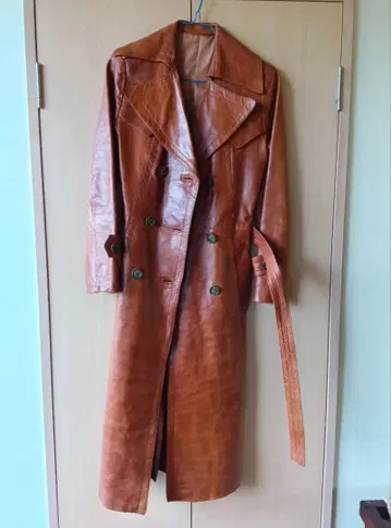 가죽 더블 브레스트 롱 코트