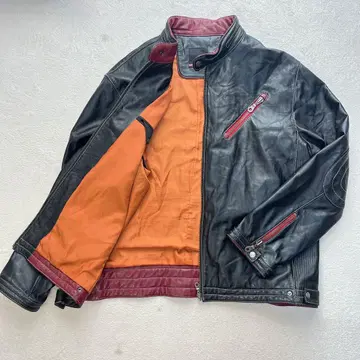 CREDIMI 램 가죽 라이더 자켓 블랙 오렌지 안감 4L