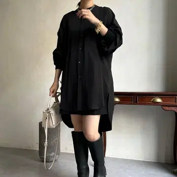 DouDou 소매 리브 백 버튼 롱 셔츠