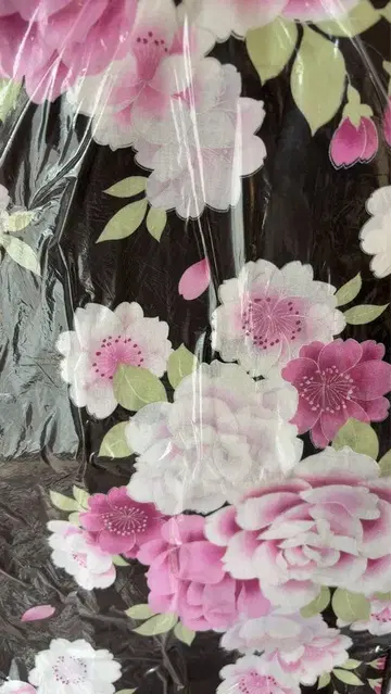 [클리닝 완료] 블랙 베이스에 핑크 꽃무늬 유카타 오비 세트