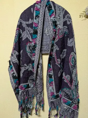 울 혼방 페이즐리 무늬 털실 자수 대형 스톨 숄 새상품급