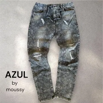 AZUL by moussy 이지 데님 데미지 가공 스트레치 그레이